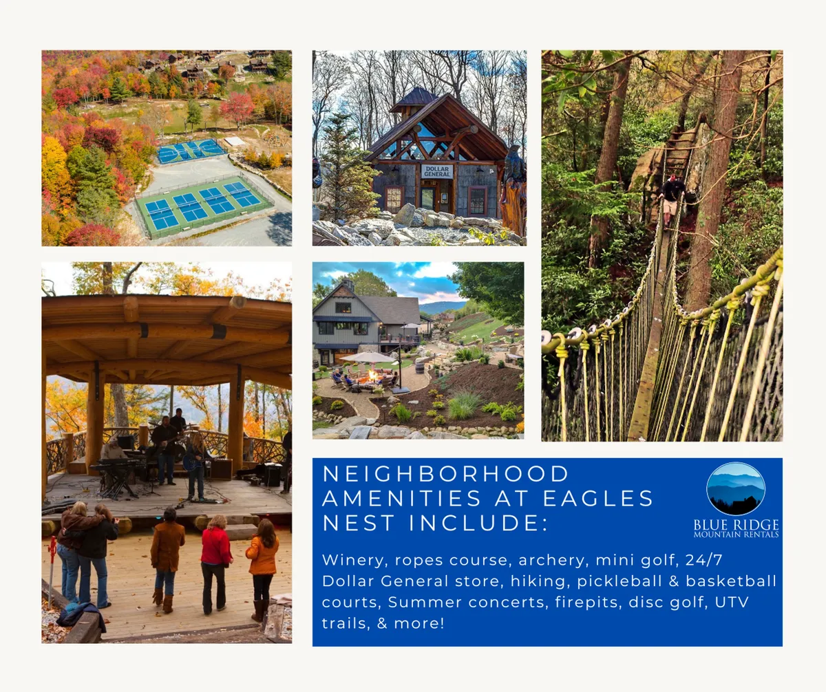 A vibrant outdoor scene featuring sports courts, a lodge, an outdoor concert stage, ropes course, and hiking trails. The area is bustling with opportunities for family-friendly activities such as hiking, archery, mini-golf, and attending live concerts, set against a backdrop of lush greenery and open skies.
